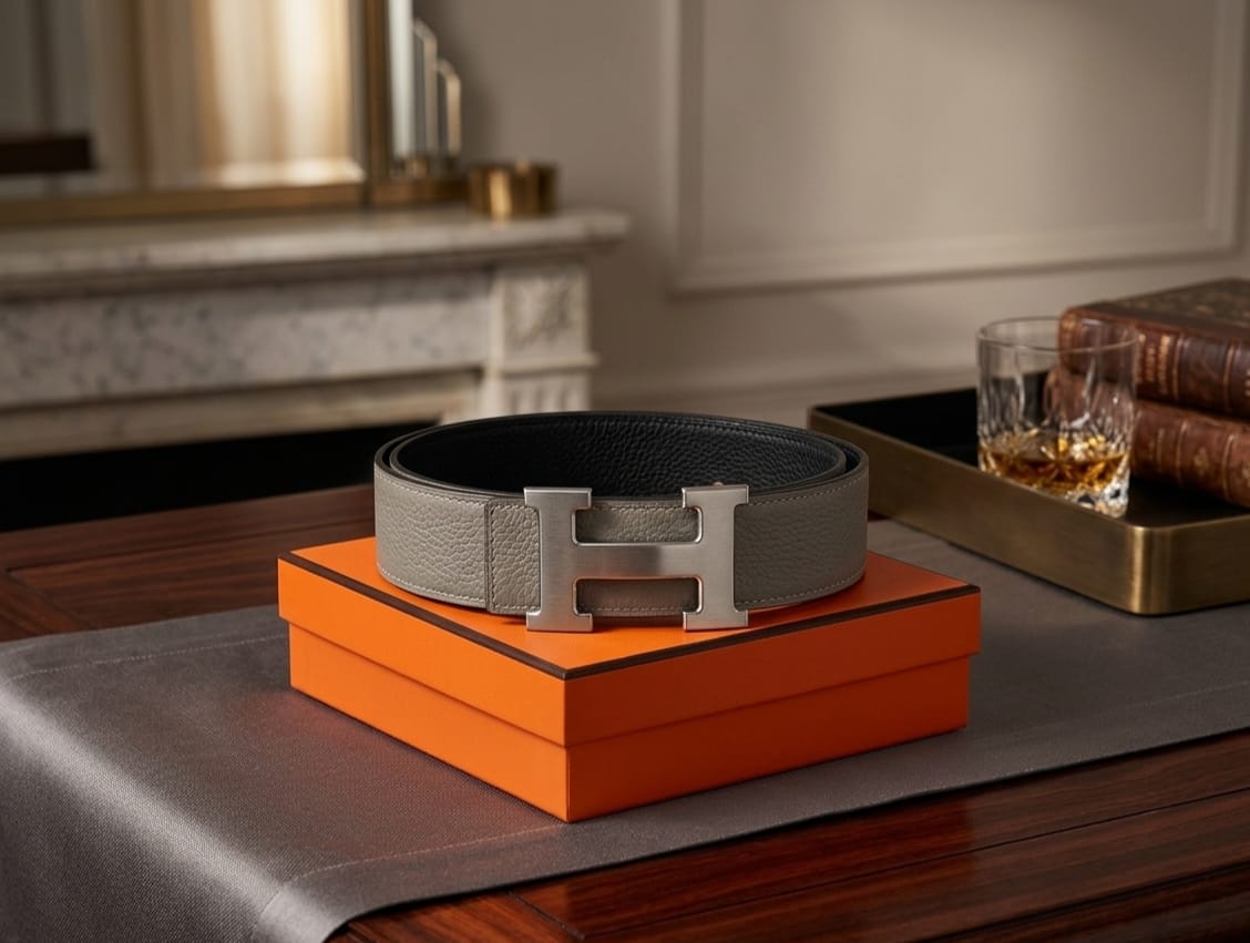 Hermès H Au Carre Reversible Belt (Etoupe / Brushed Silver)