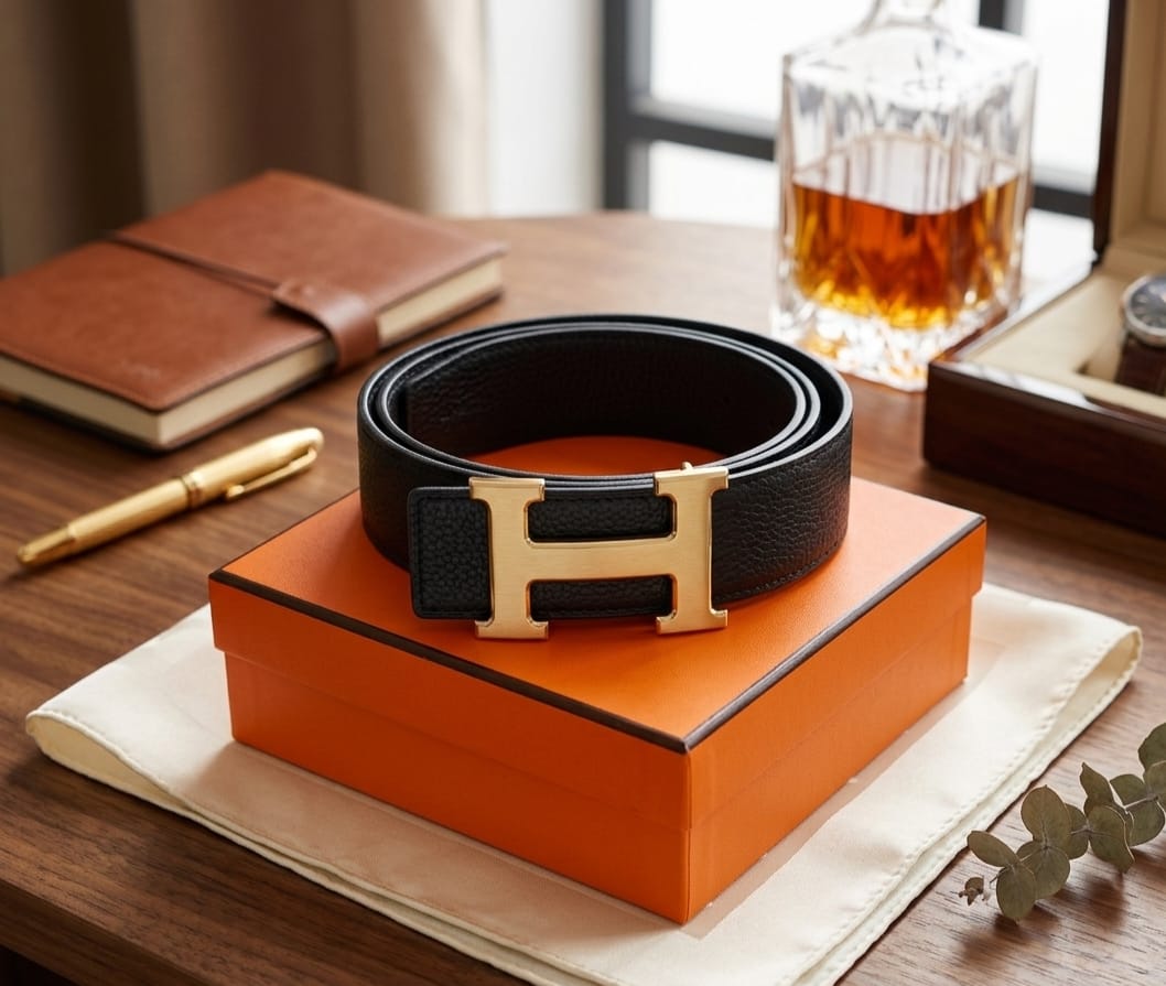 Hermès H Au Carre Belt (Black / Brushed Gold)