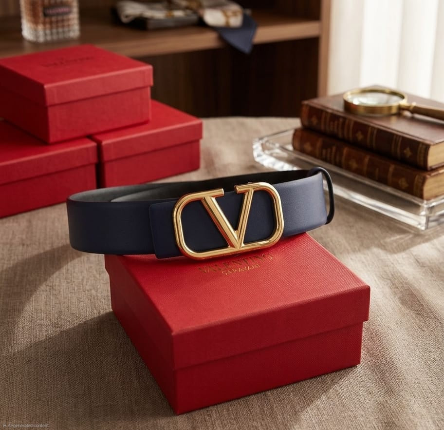 Valentino Garavani VLogo Signature Reversible Belt (Dark Blue / Gold)