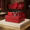 Valentino Garavani VLogo Signature Reversible Belt (Red / Silver)