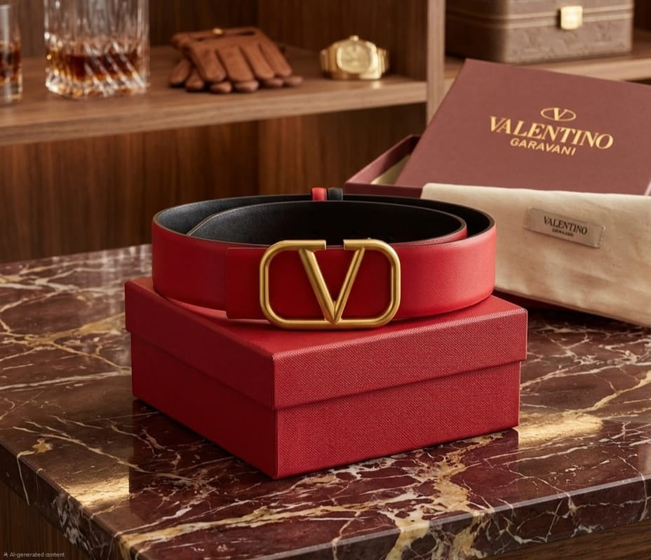 Valentino Garavani VLogo Signature Reversible Belt (Red / Antique Gold)