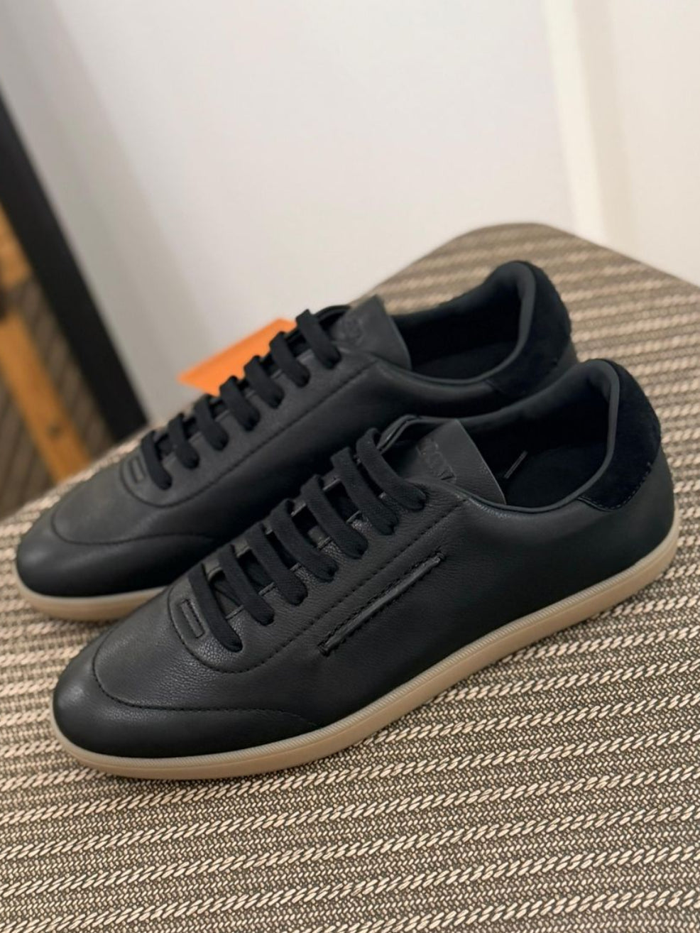 Zegna Triple Stitch Sneaker (Black Leather / Gum Sole)