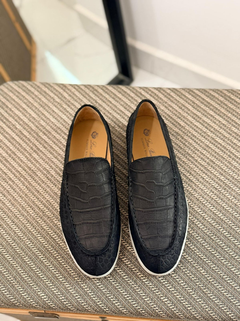 Loro Piana Summer Walk Loafers (Crocodile-Effect Black)