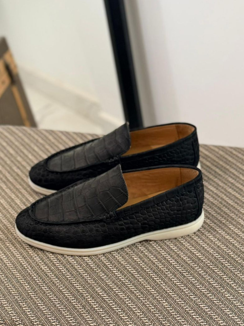 Loro Piana Summer Walk Loafers (Crocodile-Effect Black)