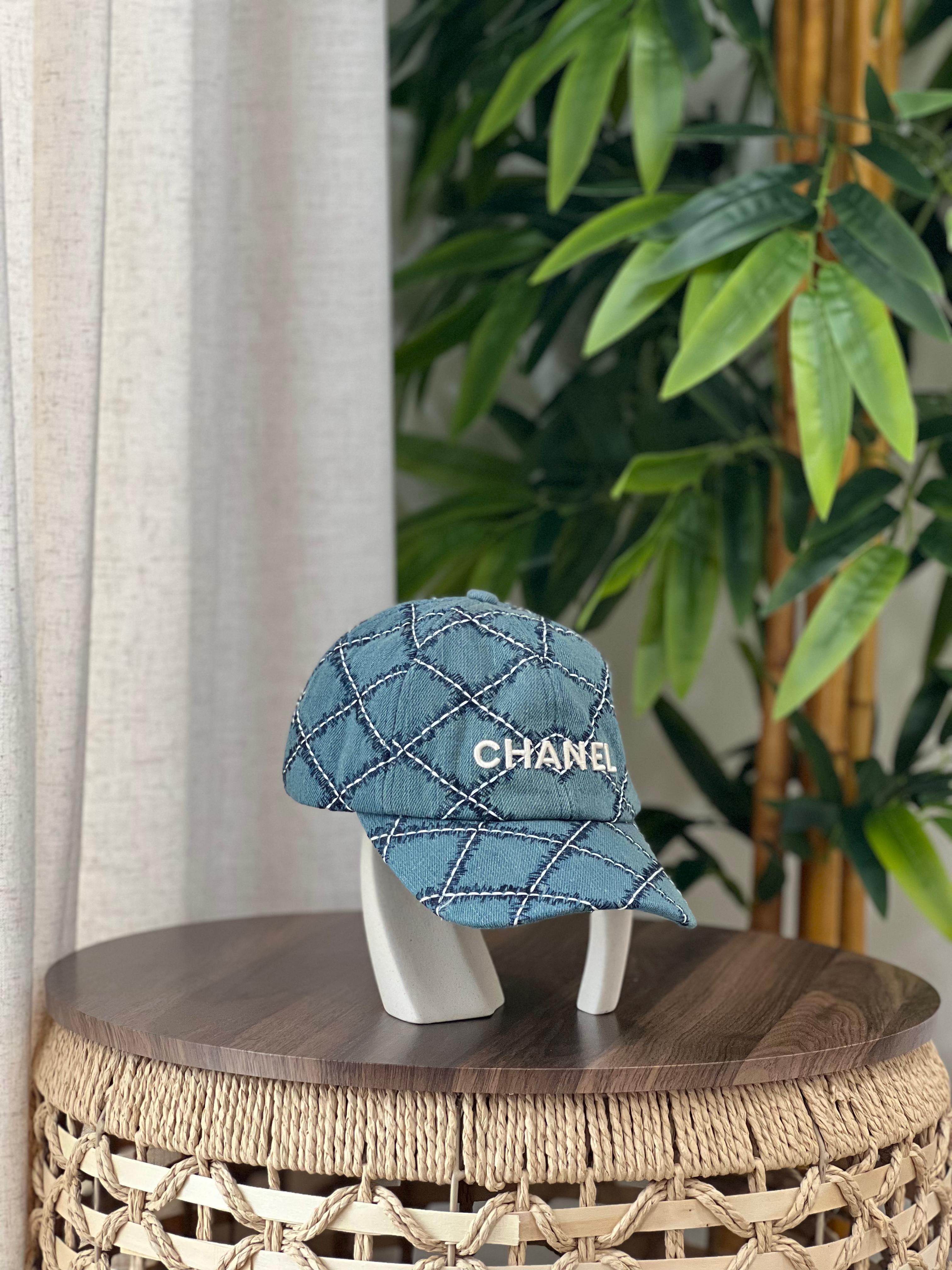 Chanel Quilted Denim Baseball Cap (Blue Denim / White Stitched)