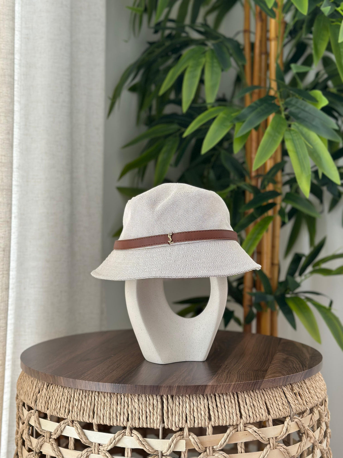 Saint Laurent Cassandre Canvas Bucket Hat (Beige / Light Brown)