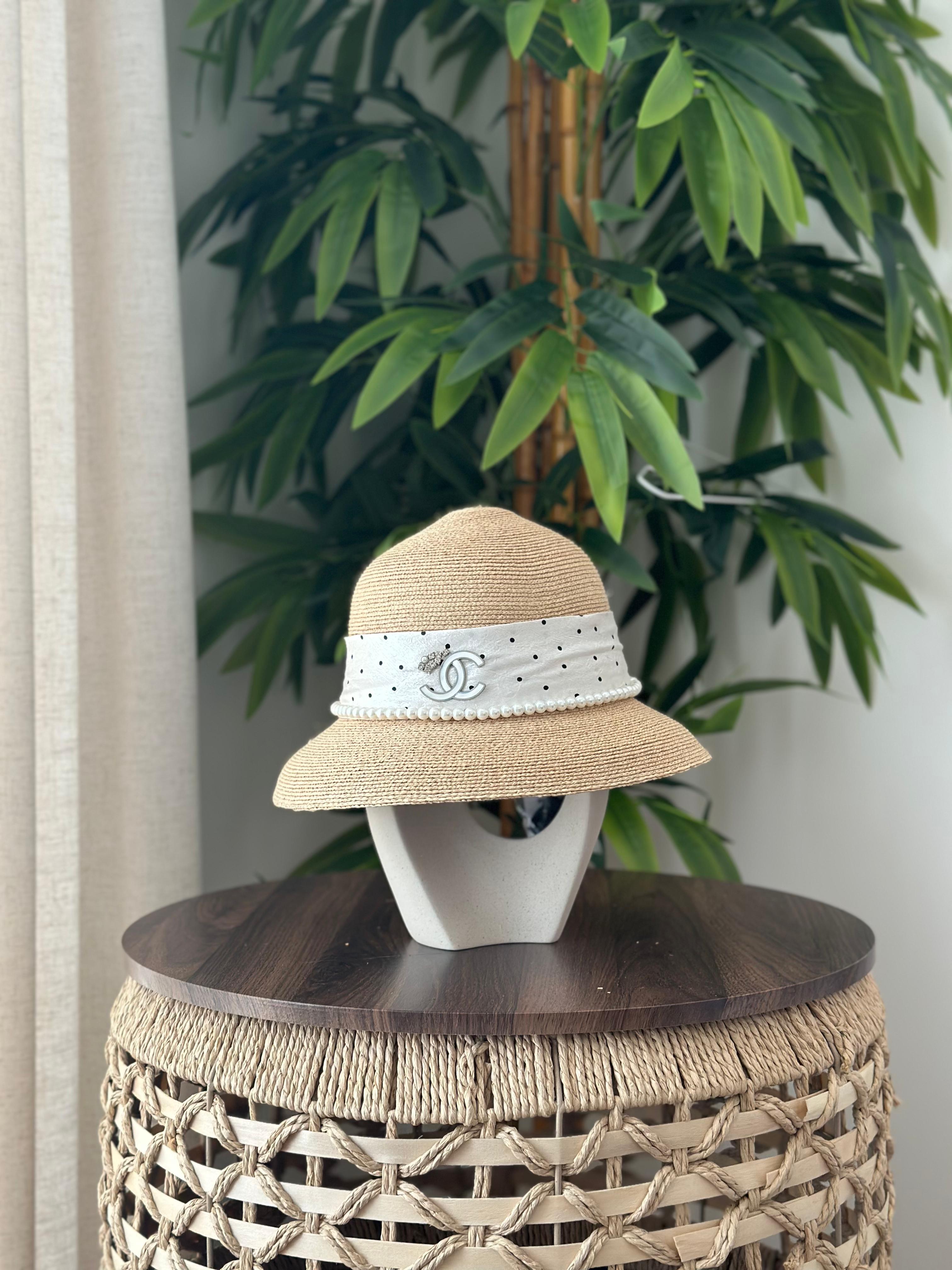 Chanel Straw Cloche Hat with Pearl & Polka Dot Band (Beige / White & Black)