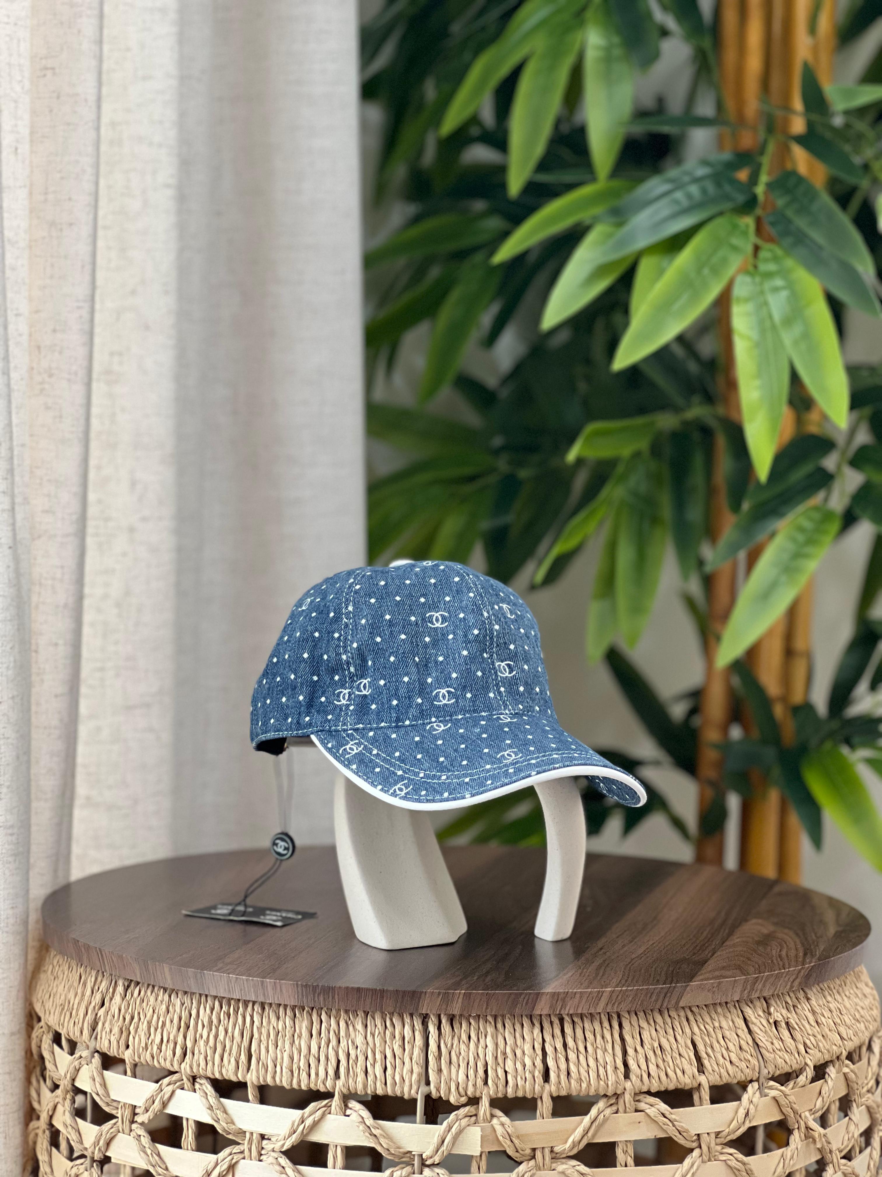 Chanel Polka Dot CC Monogram Denim Baseball Cap (Blue Denim / White)