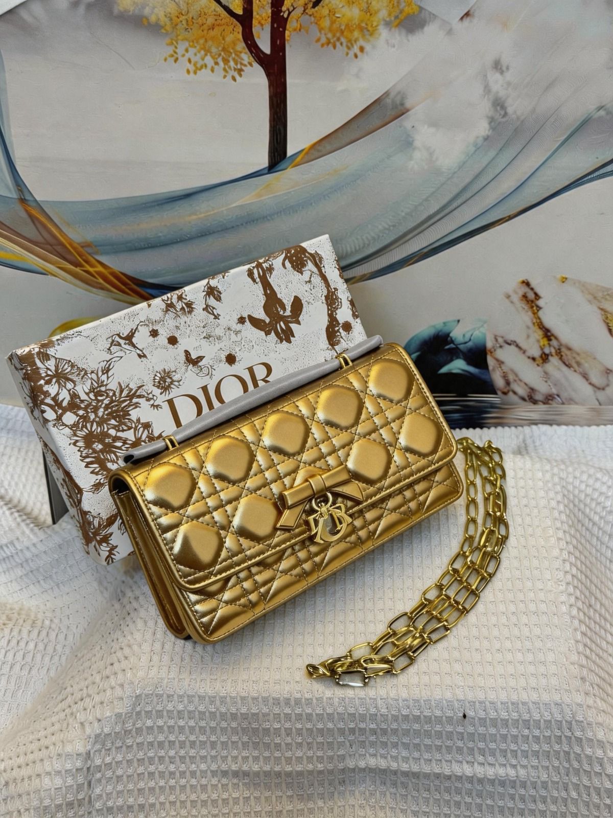 Christian Dior Rendez-Vous Chain Wallet (Metallic Gold Cannage Lambskin)