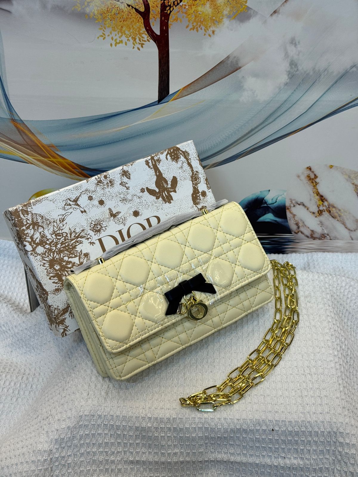 Christian Dior Rendez-Vous Chain Wallet (Pale Yellow Cannage Lambskin)