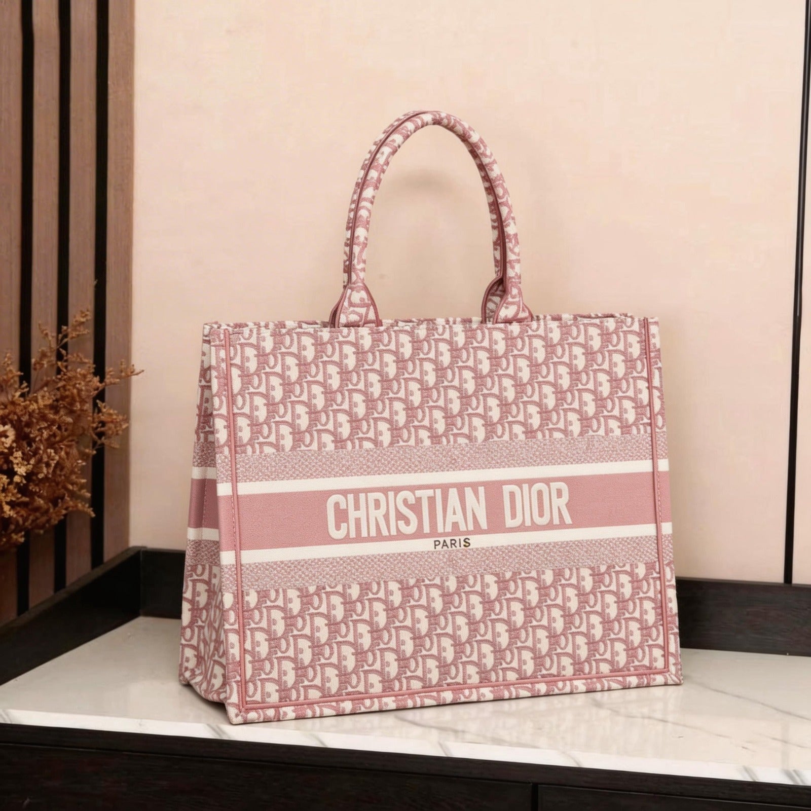 Dior Book Tote (Pink Oblique Embroidery)