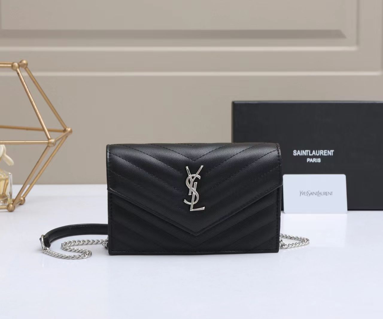 Cassandre Saint Laurent Matelassé Chain Wallet (Black)