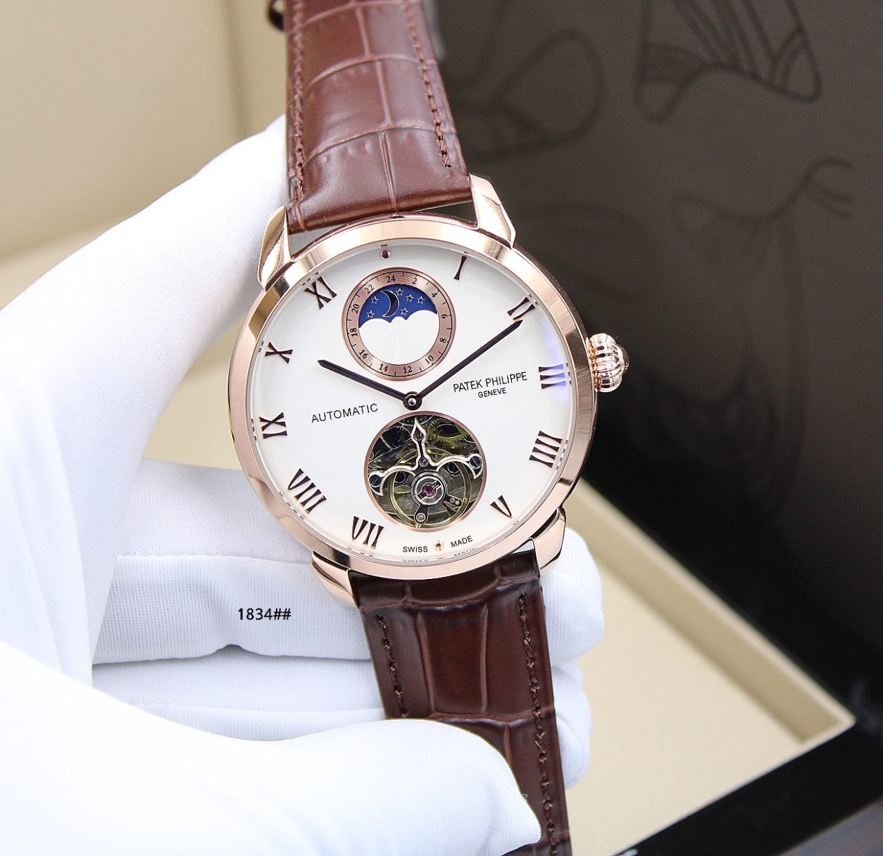 Patek Philippe Grand Complications Tourbillon Moon Phase (White Dial / Brown Strap)